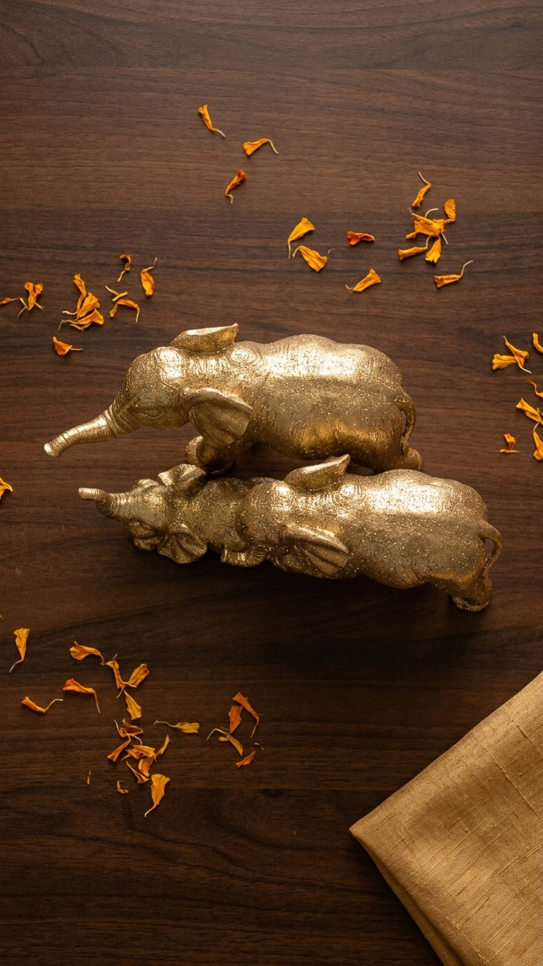 Handcrafted Golden Elephant Family Showpiece with Baby – Premium Resin Vastu Decor