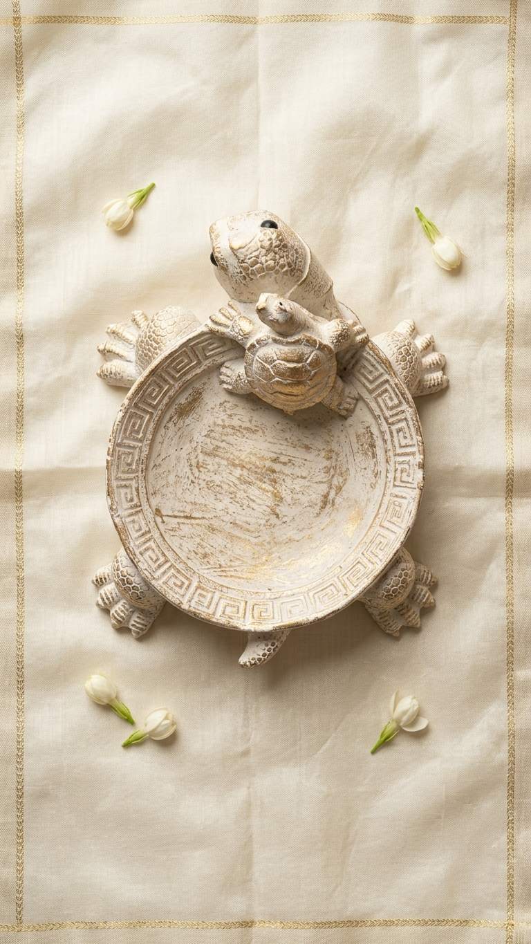 Handcrafted Three Turtles Bowl Showpiece – Vintage White & Gold Turtle