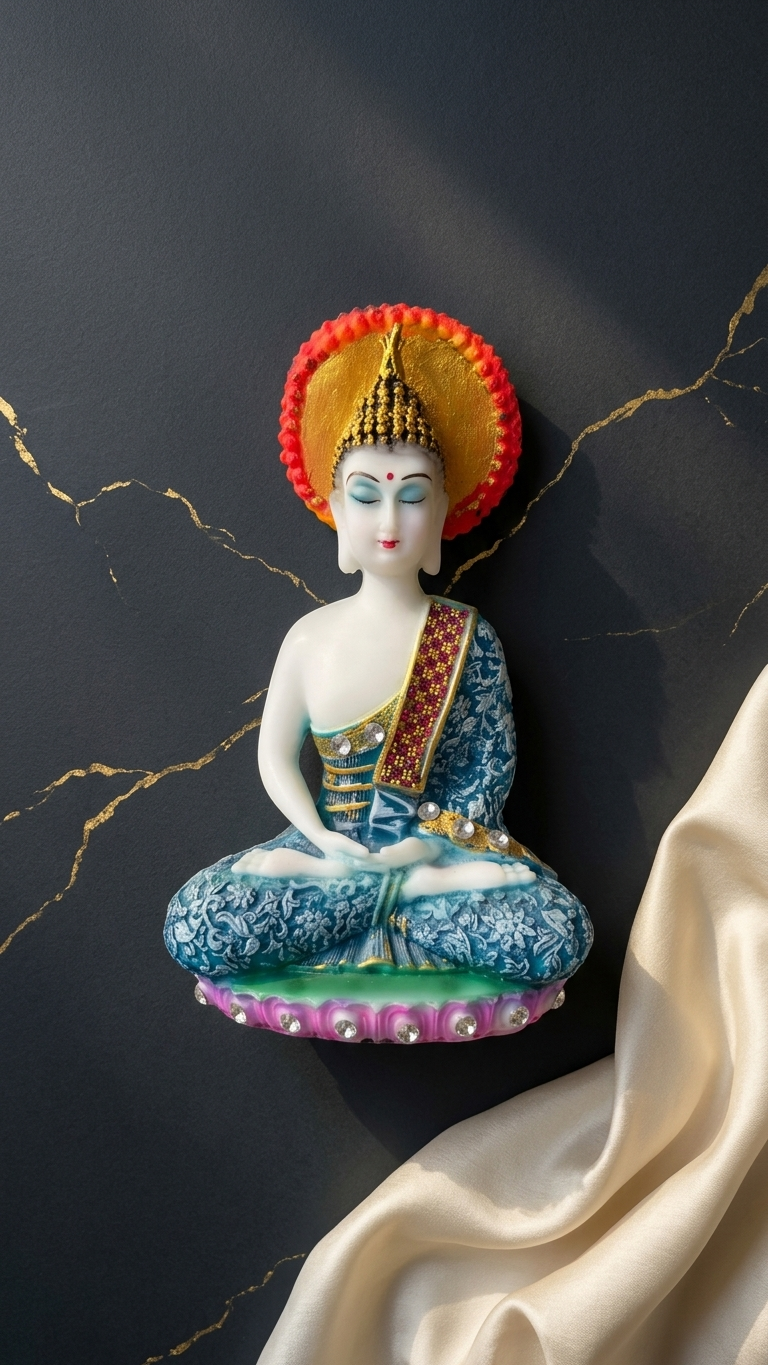 Handcrafted Colorful Buddha Idol with Halo – Blue Meditation Statue