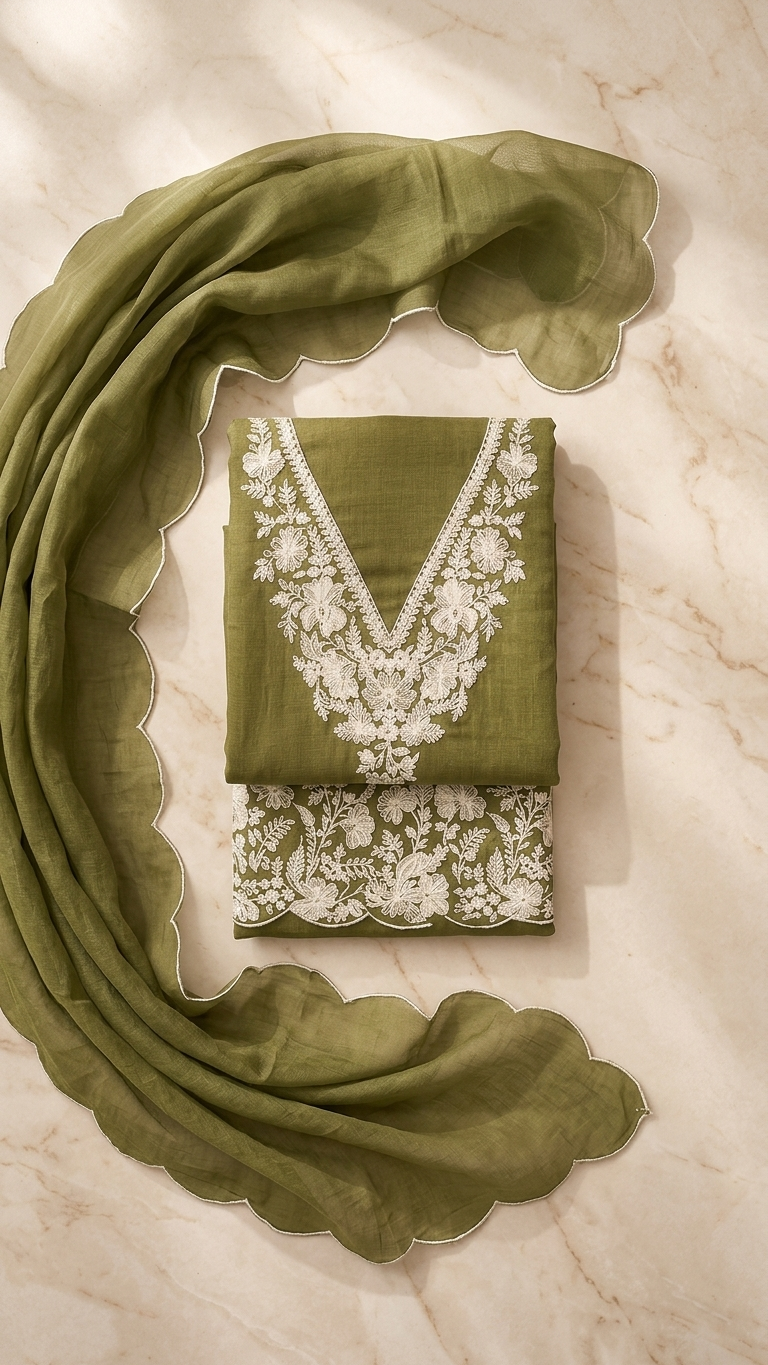 Olive Green Embroidered Suit Set with Dupatta – Elegant Ethnic Wear
