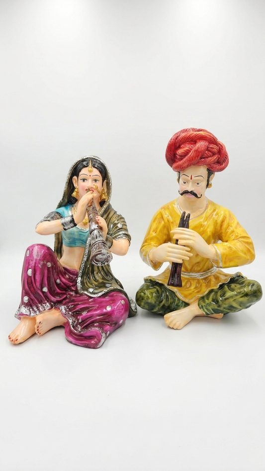 Royal Rajasthani Folk Musician Couple Showpiece | Traditional Indian Home Decor Statue Set
