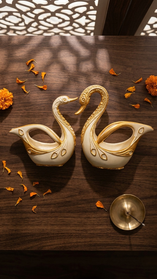 Handcrafted Ivory Gold Imperial Swan Showpiece Pair | Premium Resin Home Decor
