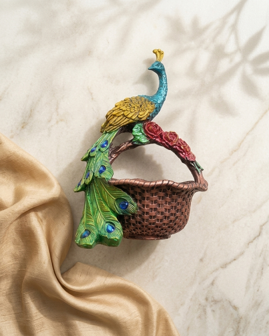 Handcrafted Royal Peacock Floral Basket Showpiece