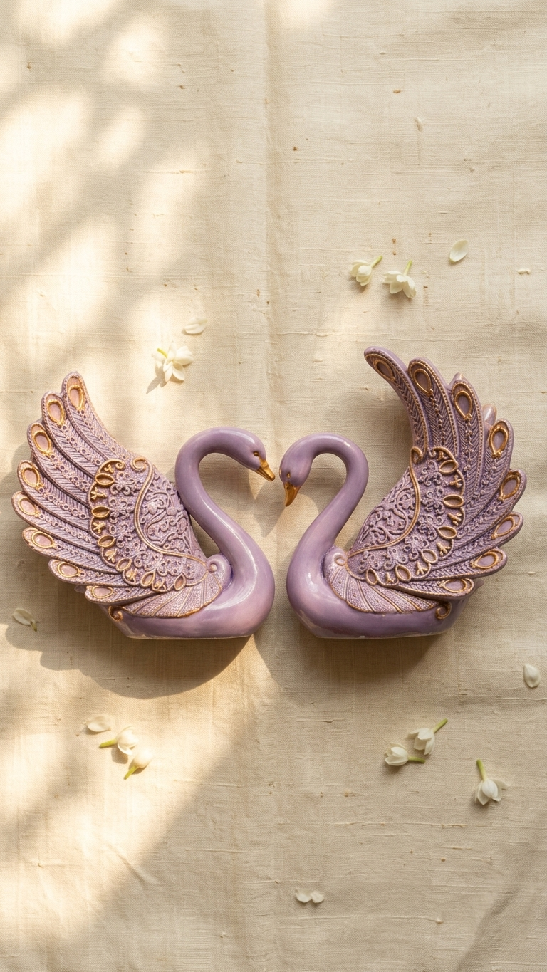 Handcrafted Lavender Royal Swan Showpiece Pair | Premium Resin Home Decor