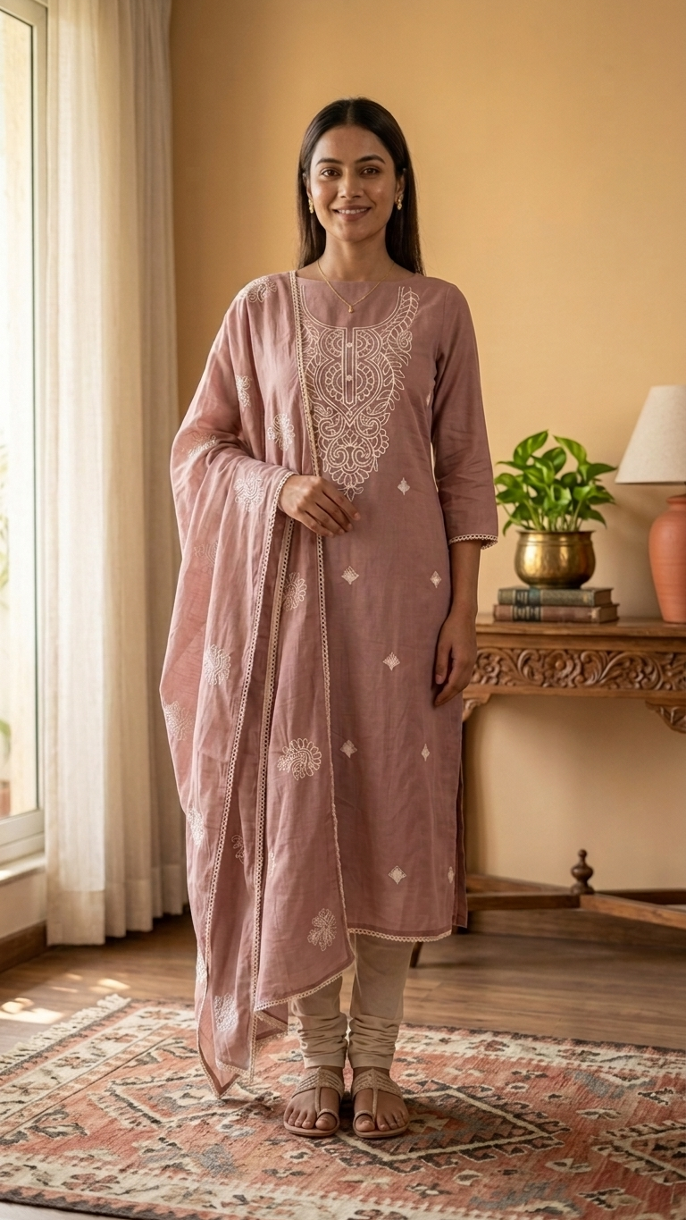 Blush Pink Embroidered Suit Set with Dupatta – Elegant Ethnic Wear