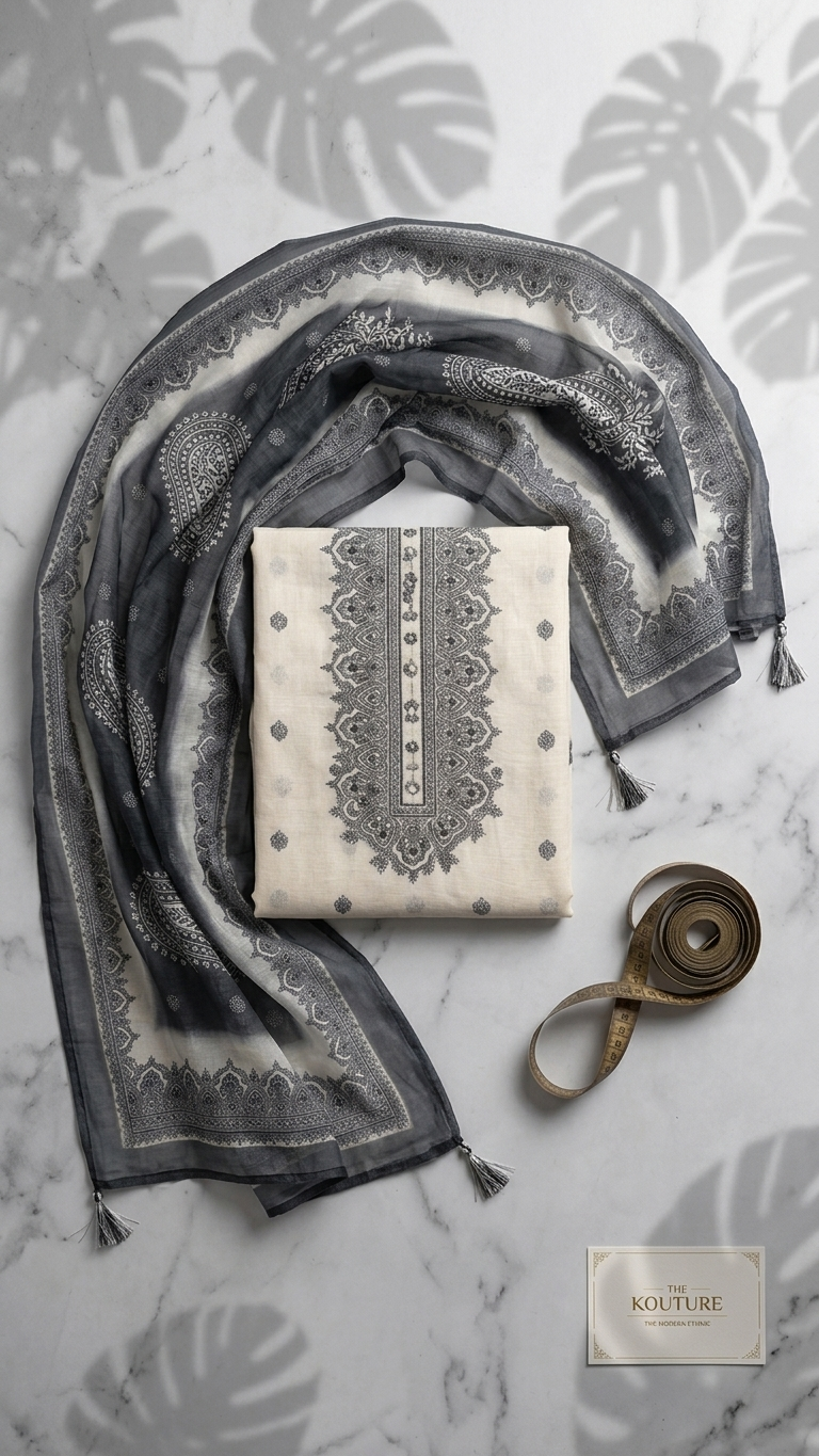 White Grey Embroidered Designer Suit Set with Dupatta – Ethnic Wear