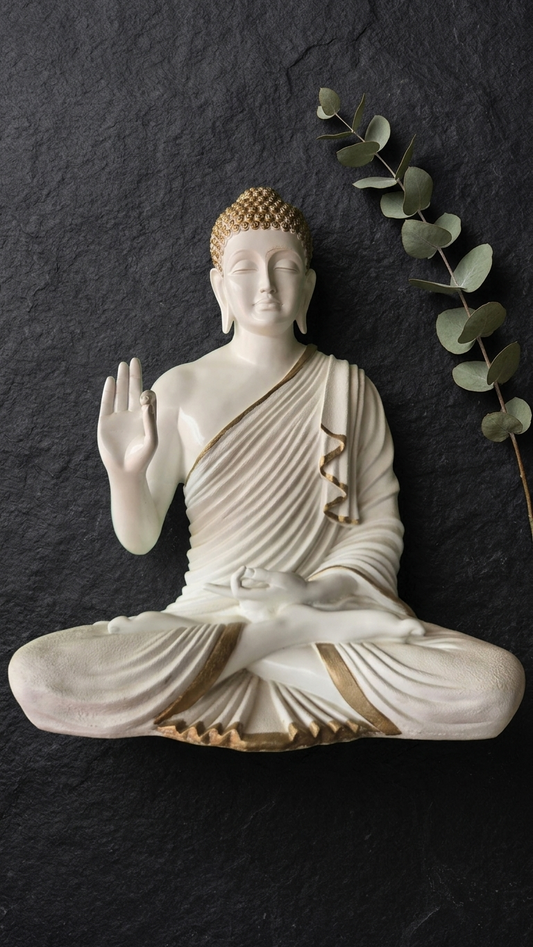 Handcrafted White Buddha Idol with Golden Accents – Premium Meditation Statue for Home Decor & Gifting