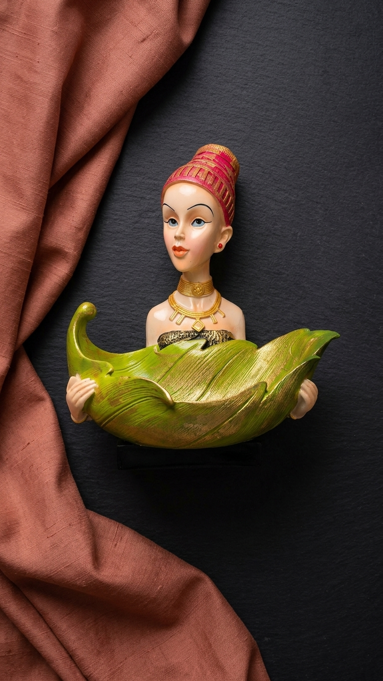 Handcrafted Lady with3 Pieces Leaf Bowl Showpiece Woman Figurine