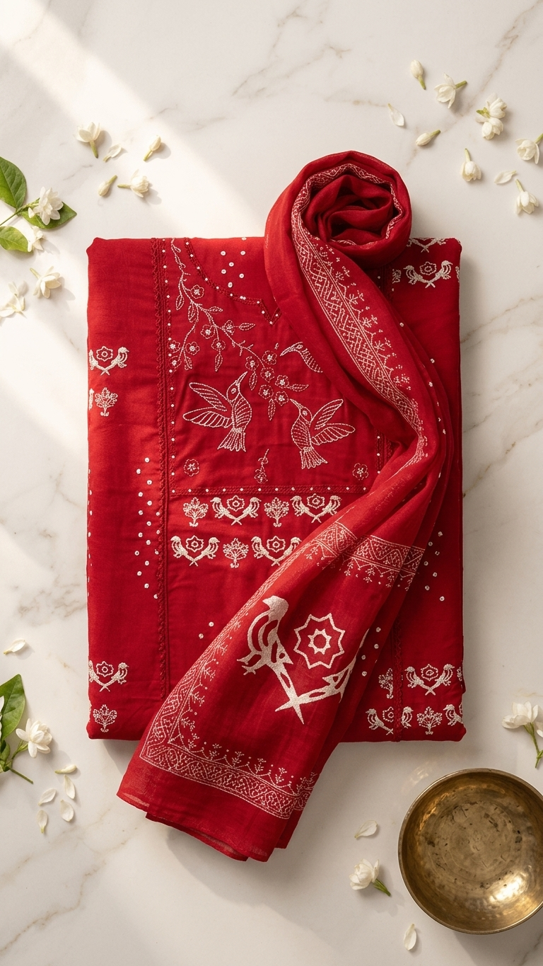 Red Embroidered Designer Suit Set with Dupatta – Festive & Wedding