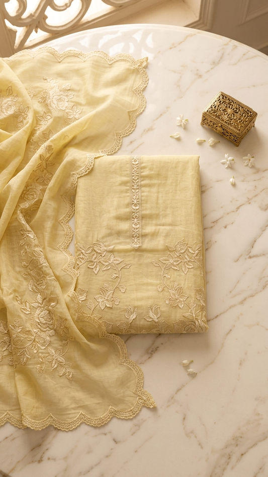 Yellow embroidered suit set with Dupatta – Summer Wear India