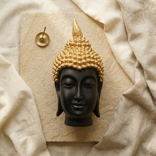 Handcrafted Black & Gold Buddha Head Showpiece – Premium Home Decor
