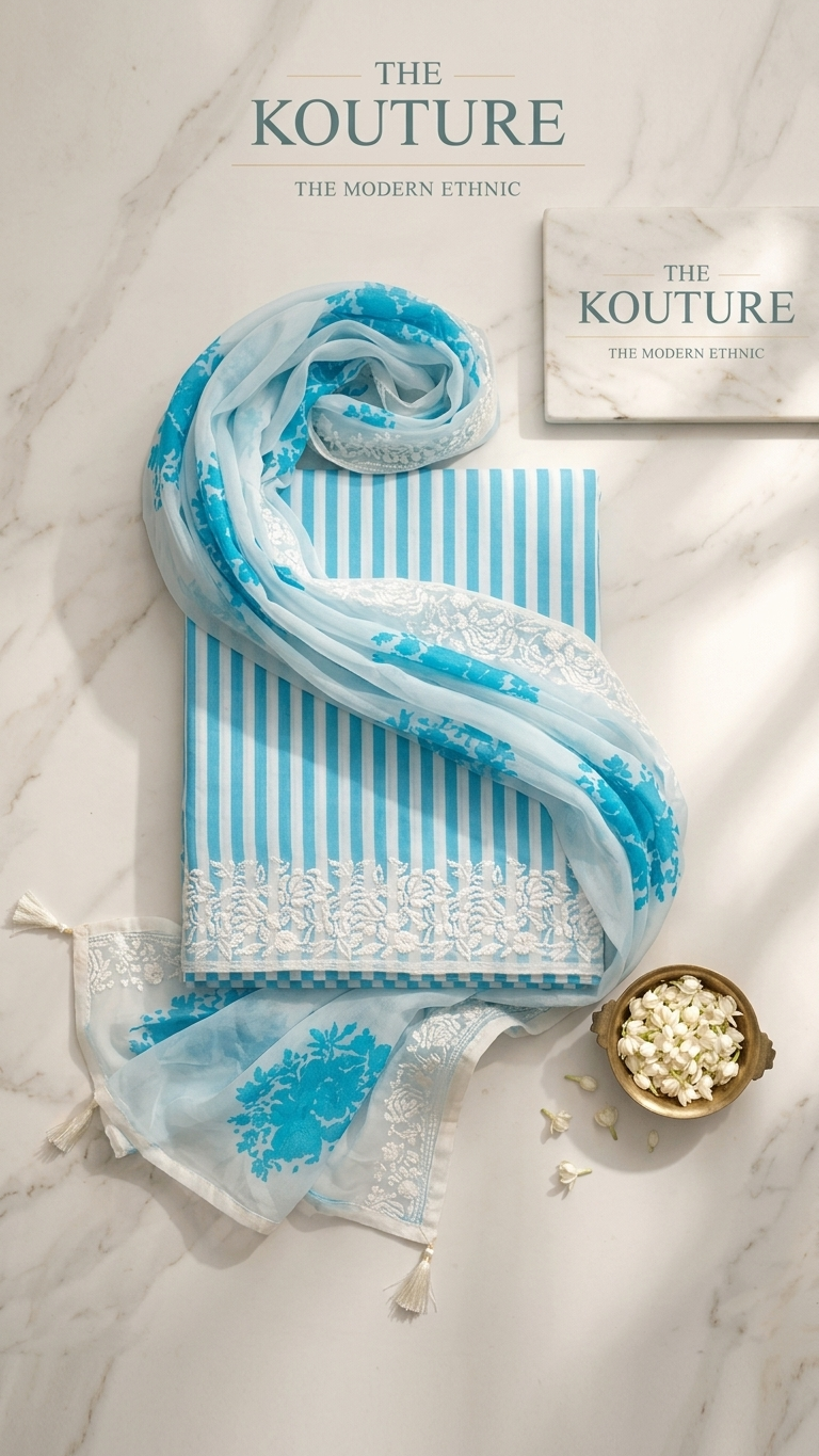 Blue striped designer suit Set with Floral Dupatta – Summer Wear