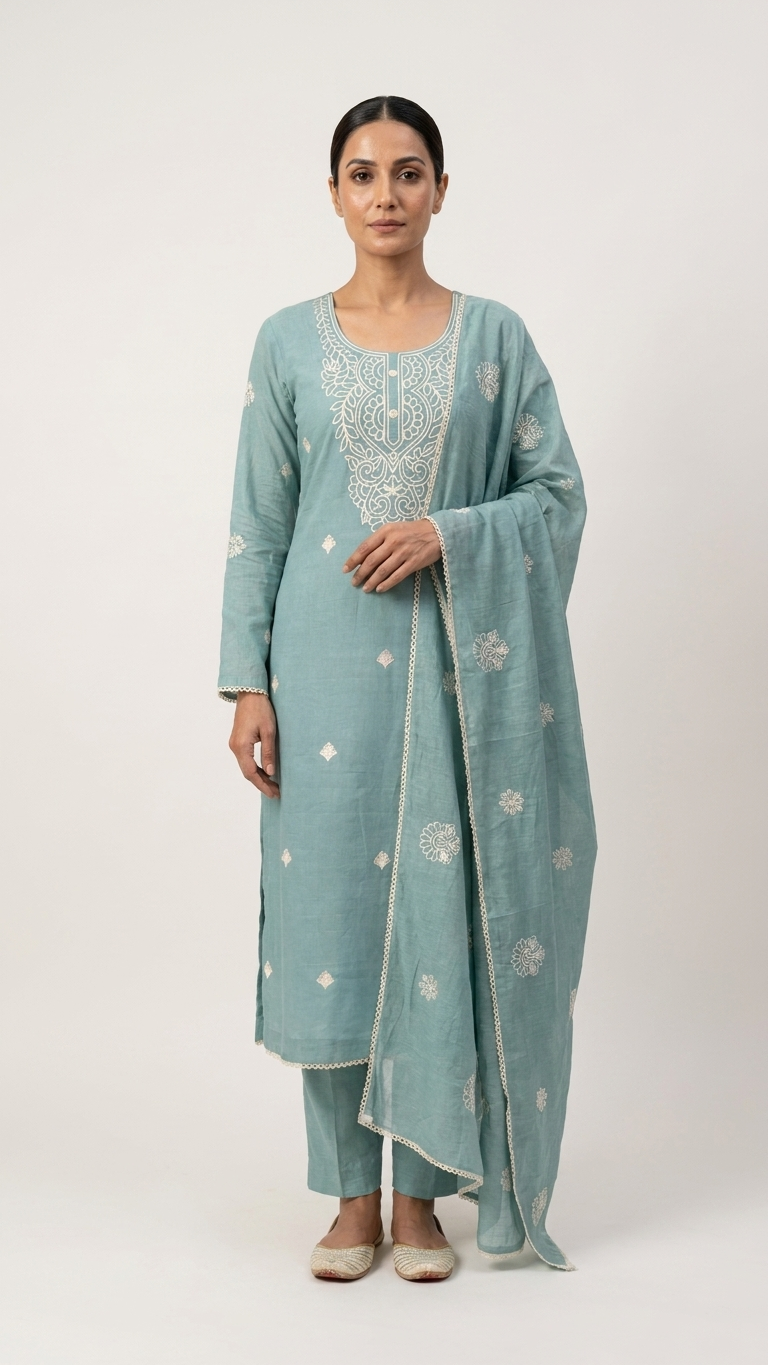 Mint Green Embroidered Suit Set with Dupatta – Elegant Ethnic Wear