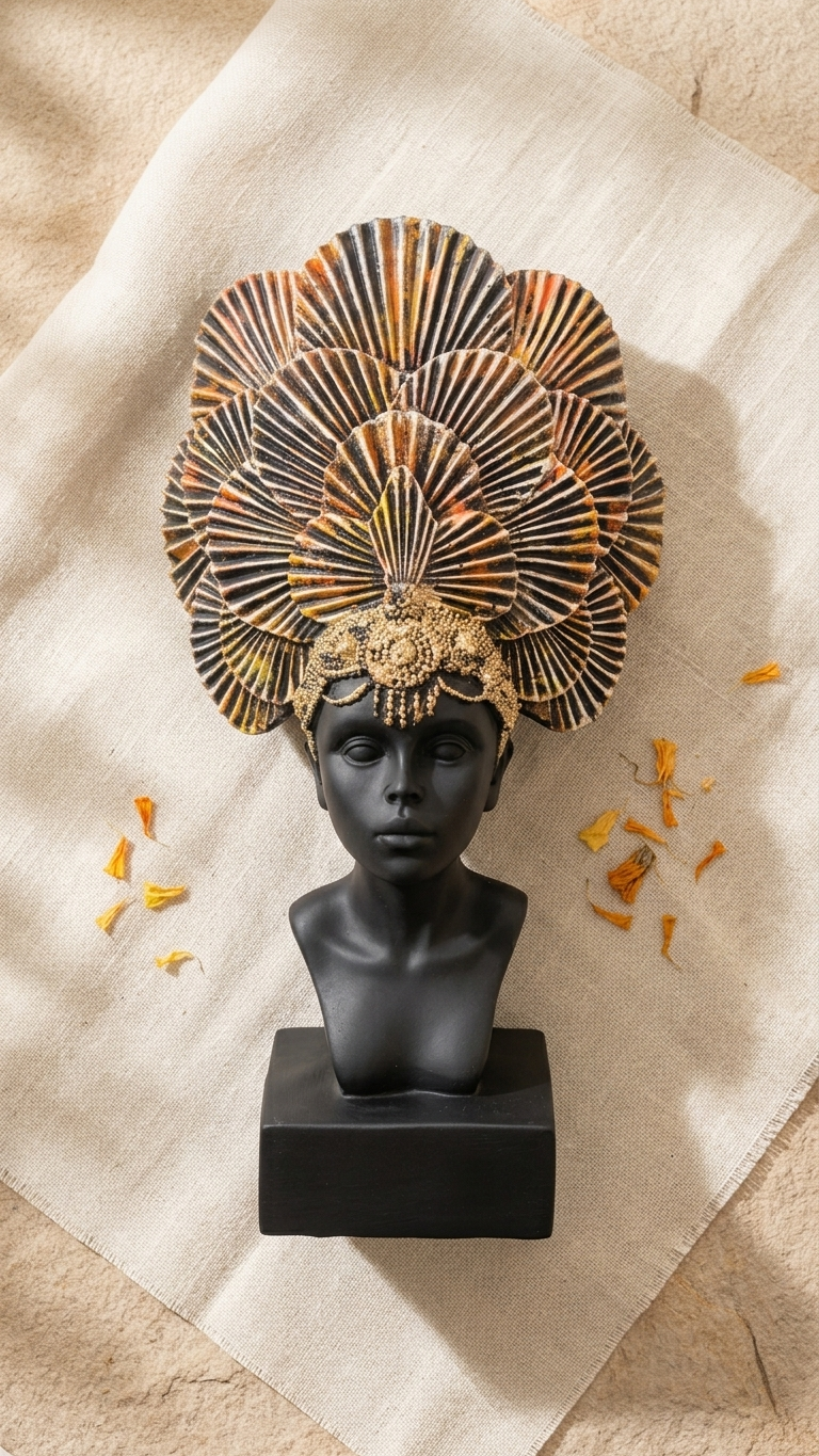 Handcrafted Tribal Lady Bust Sculpture with Decorative Fan Crown – Premium Resin Art Showpiece