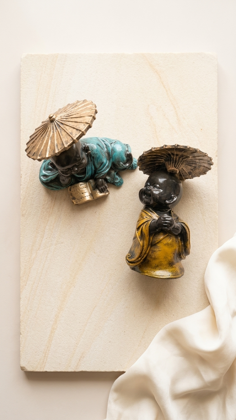 Handcrafted Monk Statue Set with Umbrella -For Home Decor & Gifting