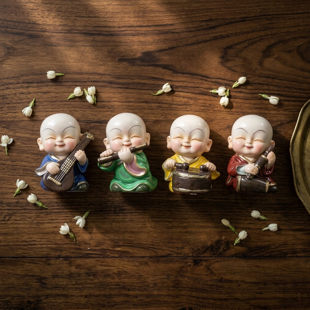 Smiling monk figurines set for home  & Office Decor – Buddhist Decorative Showpieces