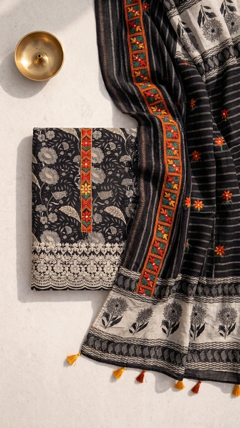 Black Floral Designer Suit Set with Embroidered Dupatta – Ethnic Wear