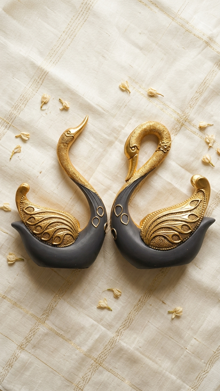 Handcrafted Grey & Gold Regal Swan Showpiece Pair | Luxury Resin Home Decor