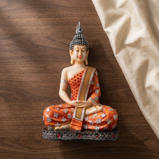 Handcrafted Orange Meditating Buddha Idol