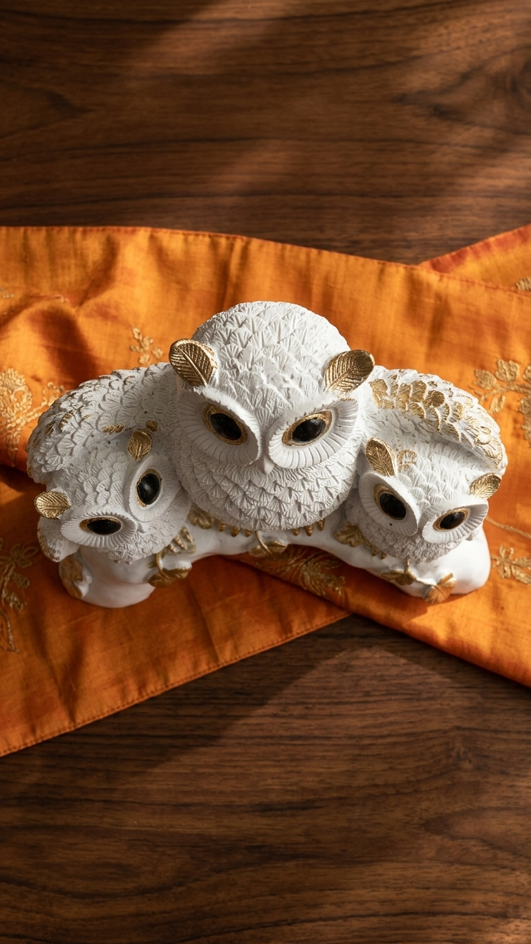 Handcrafted White Owl Family Showpiece with Gold Accents | Premium Made in India Home Decor
