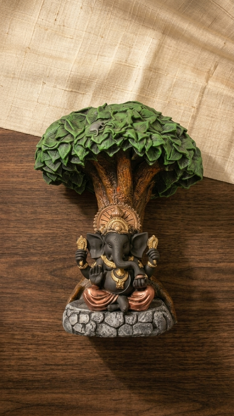 Handcrafted Ganesha Tree Showpiece – Premium Lord Ganesha Statue Under Sacred Tree for Home Decor & Gifting