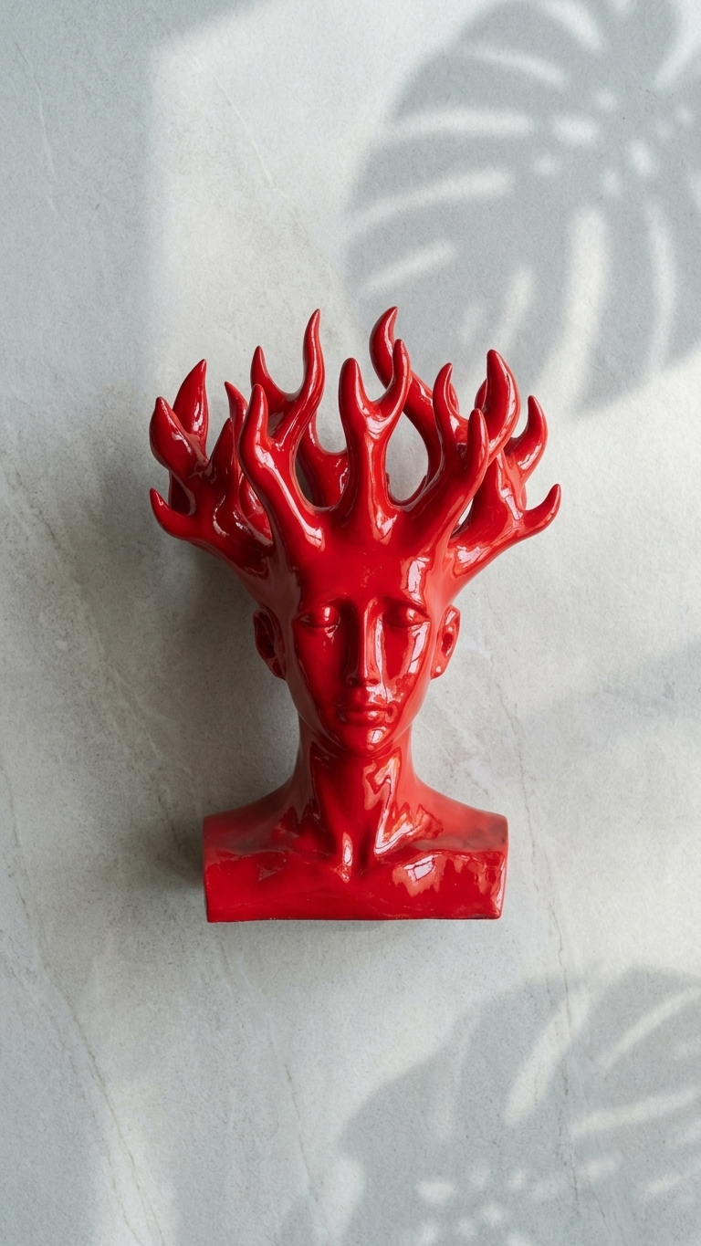 modern fire lady face sculpture