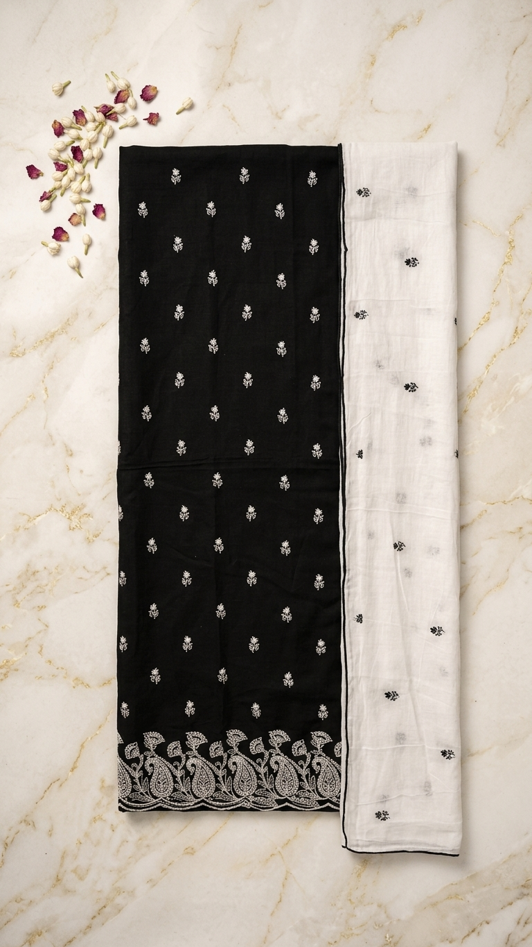 Black and White Embroidered Suit Set with Dupatta –Premium Ethnic Wear