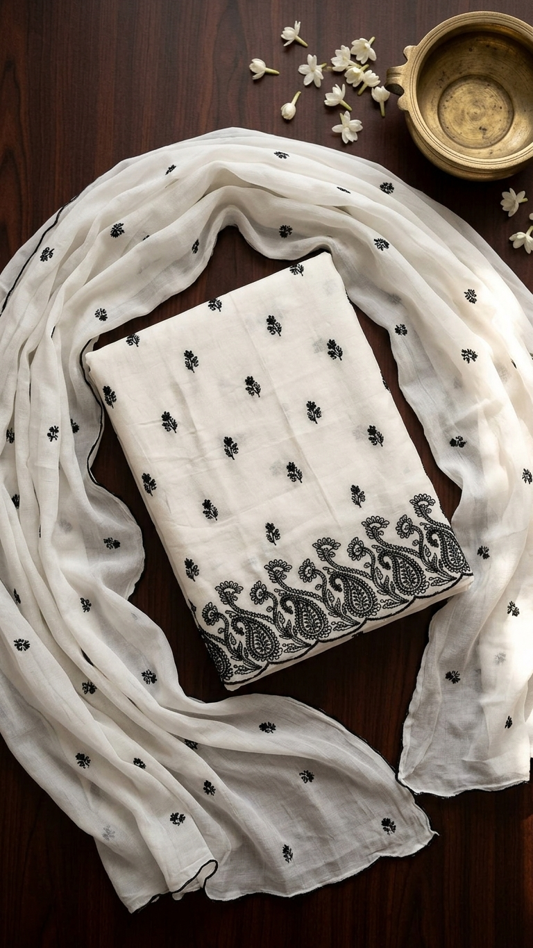 White Embroidered Designer Suit Set with Dupatta – Ethnic Wear India