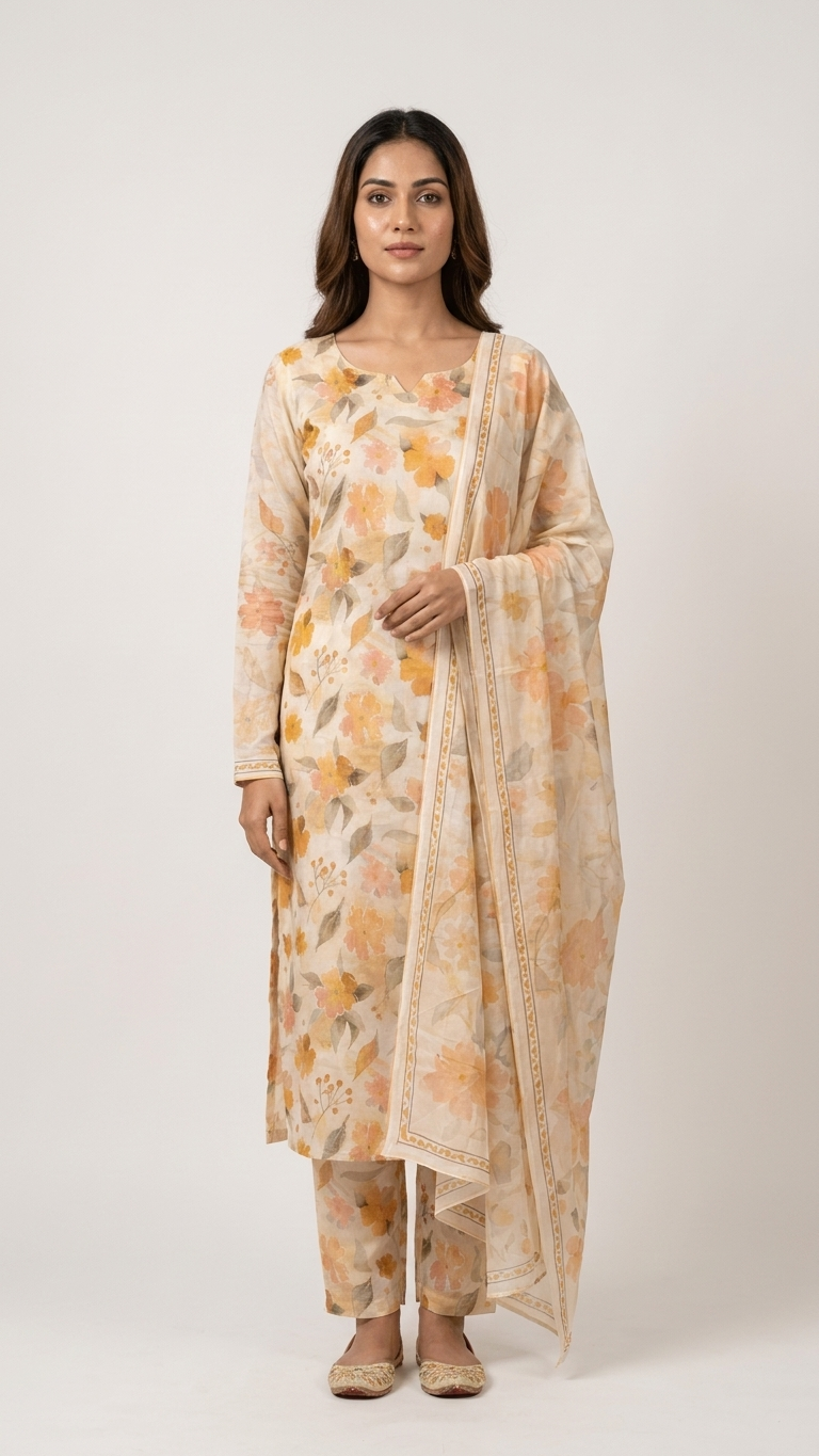 Floral Printed Designer Suit Set with Dupatta – Pastel Ethnic Wear