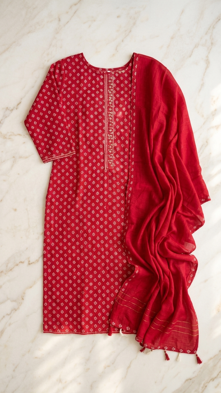 red cotton suit set with dupatta