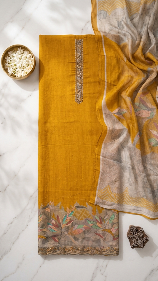 mustard yellow embroidered kurta set