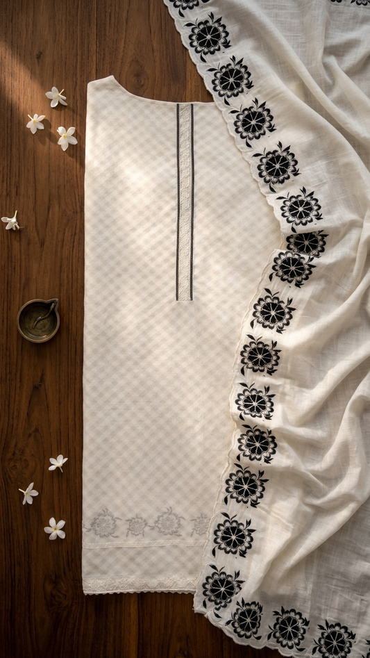 off white embroidered unstitched suit set