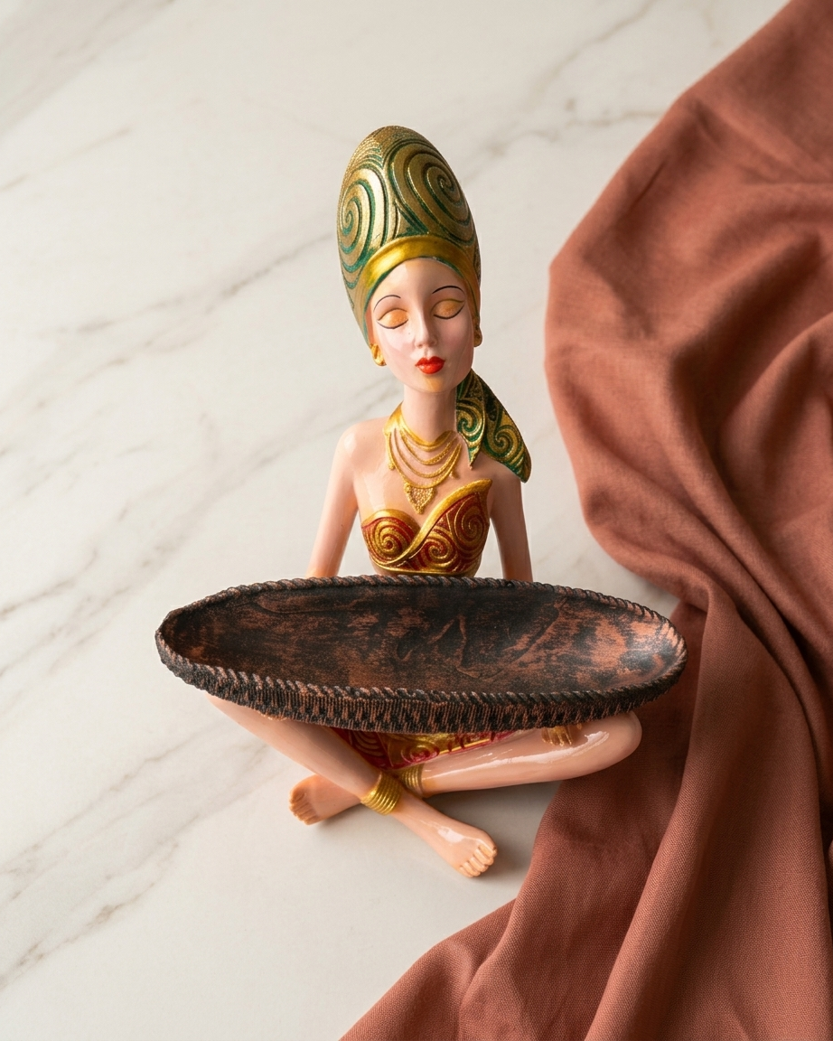 Handcrafted Tribal Lady Tray Holder Showpiece – Emerald Gold