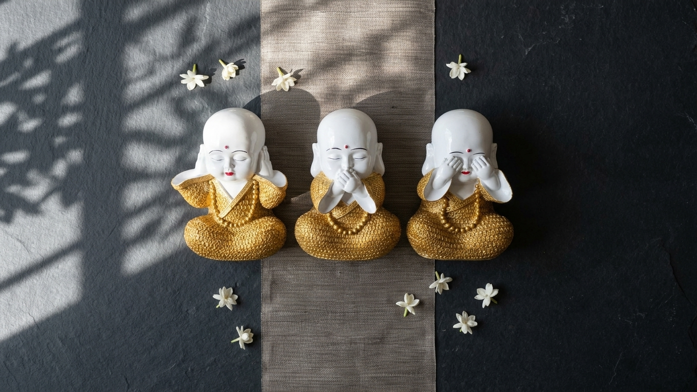 Handcrafted Royal White & Gold Three Wise Monk Showpiece Set – Premium Resin Home Decor