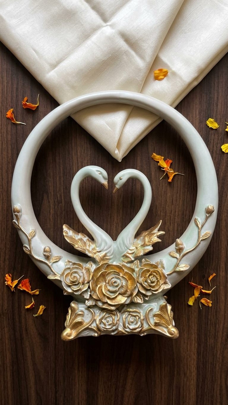 Handcrafted Swan Couple Showpiece with Floral Ring – Premium Resin Home Decor | Made in India