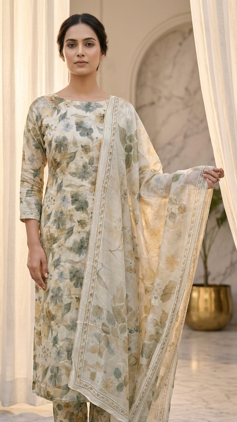 Sage Green Floral Suit Set with Dupatta – Pastel Ethnic Wear India