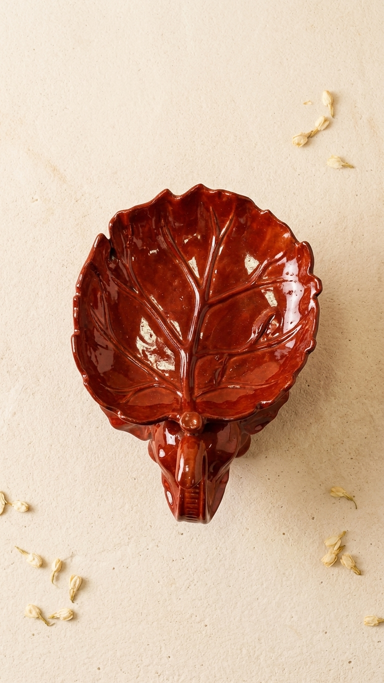 Handcrafted Elephant Leaf Bowl Showpiece – Red Glossy Ceramic Elephant