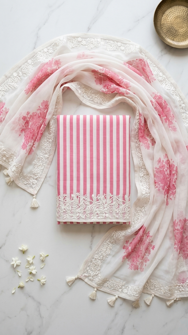Pink and White Striped Suit Set with Floral Dupatta – Ethnic Wear