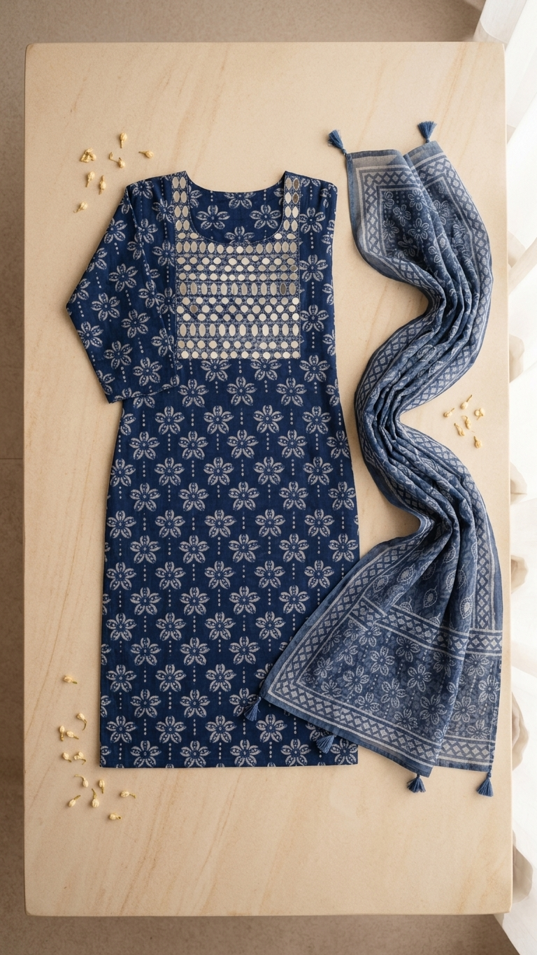 indigo mirror work unstitched suit set