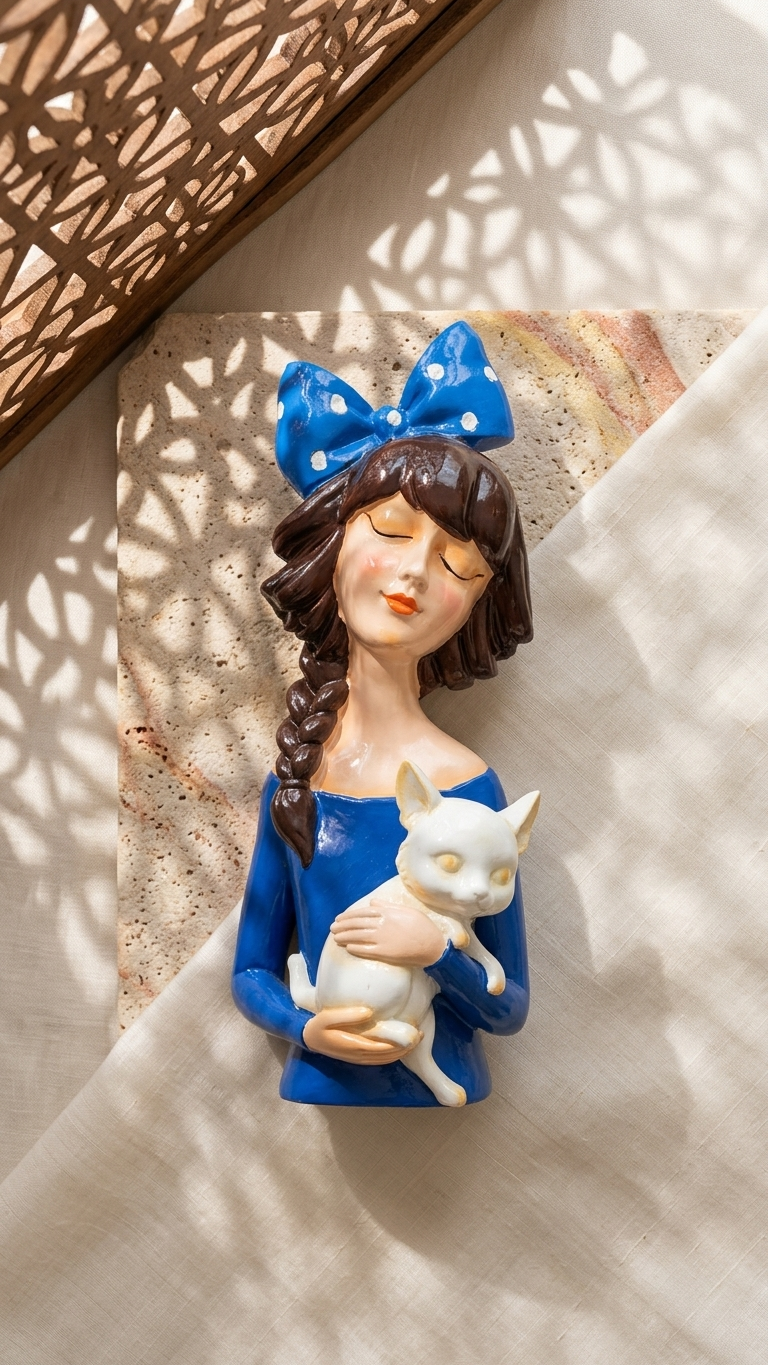 Handcrafted Girl with Cat Showpiece – Elegant Decorative Resin Sculpture for Home Decor & Gifting