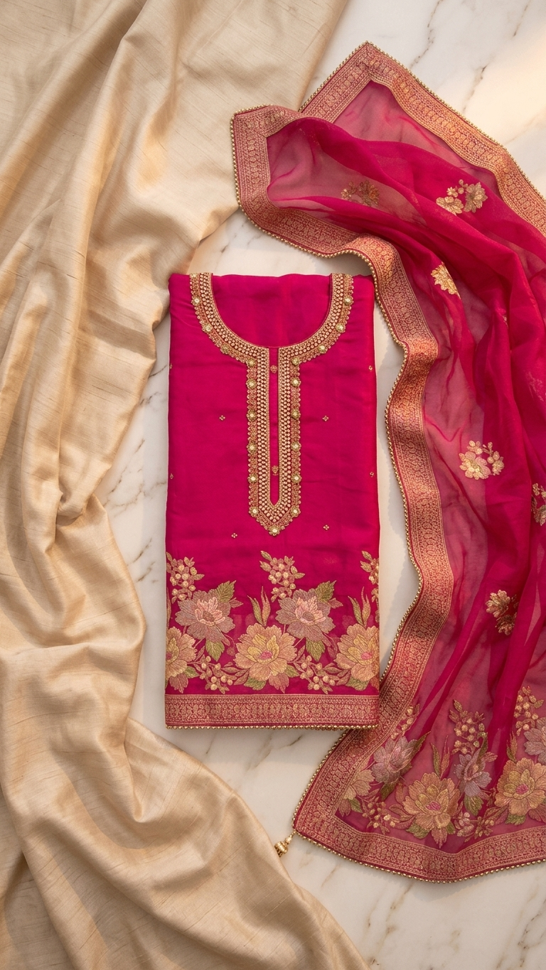 Hot Pink Embroidered Suit Set with Dupatta – Festive & Wedding Wear
