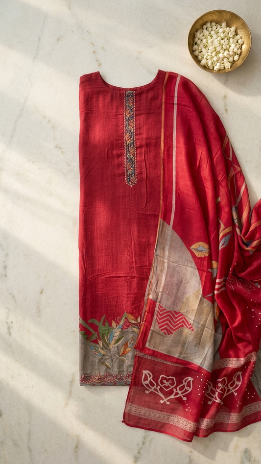 red embroidered unstitched suit set