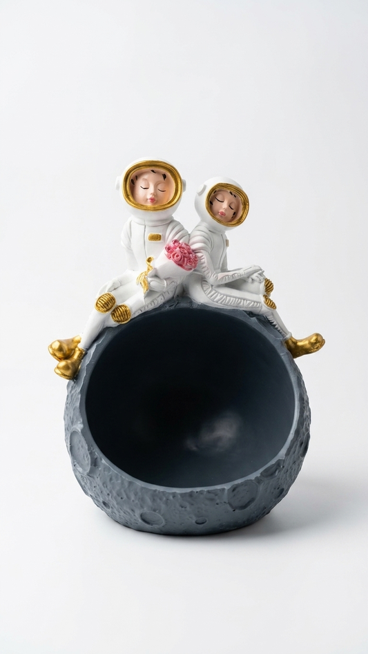 Cute Astronaut Couple Moon Flower Pot Showpiece for Living Room & Home Decor