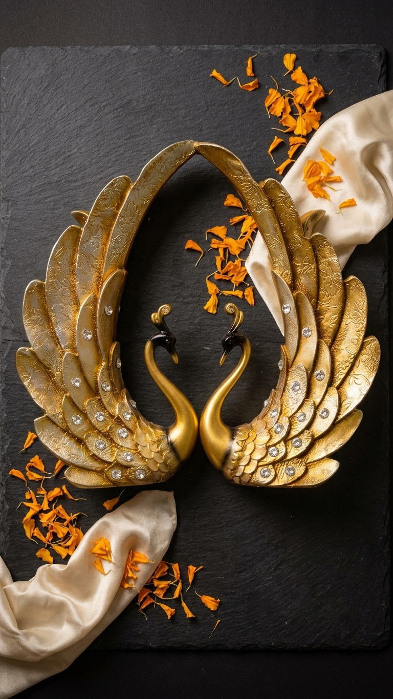 Handcrafted Crystal Wing Swan Couple Showpiece with Royal Feather Arch | Premium Resin Decor