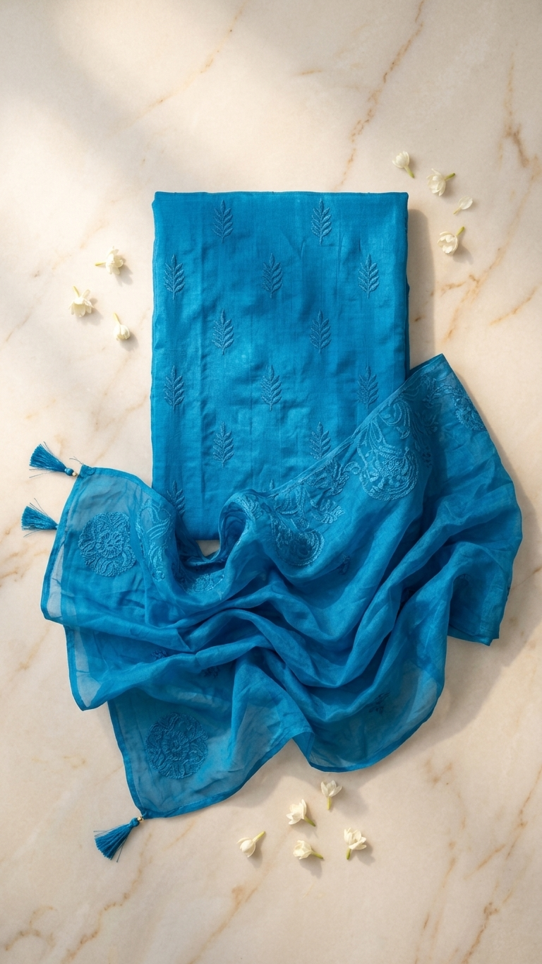 blue embroidered unstitched suit set
