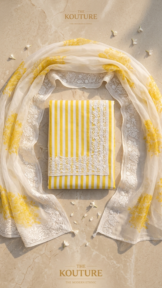 Yellow Striped Designer Suit Set with Floral Dupatta – Ethnic Wear