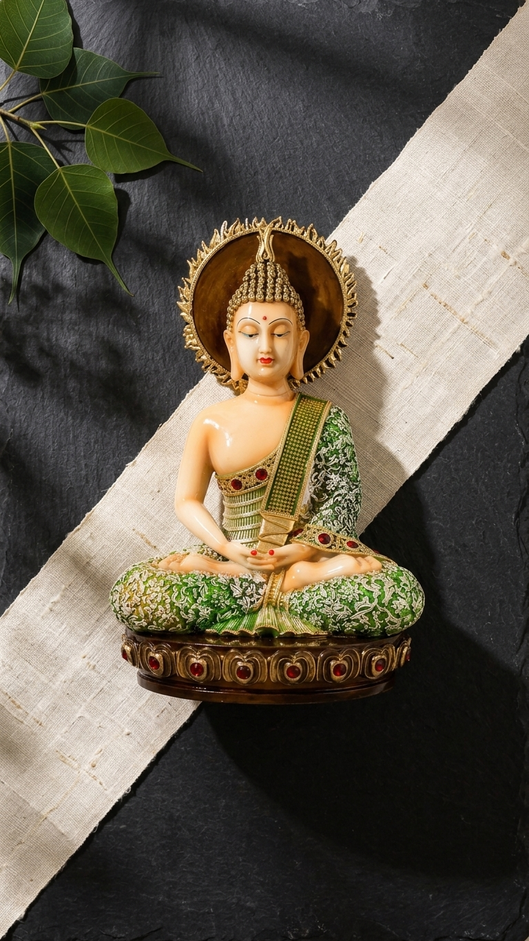 Handcrafted Green Buddha Idol with Halo – Elegant Meditation Statue