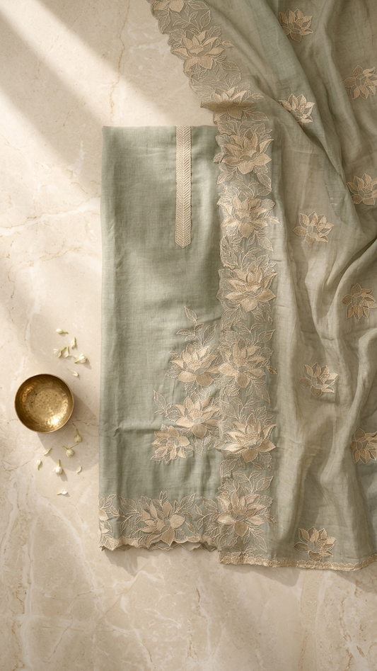 sage green embroidered kurta set