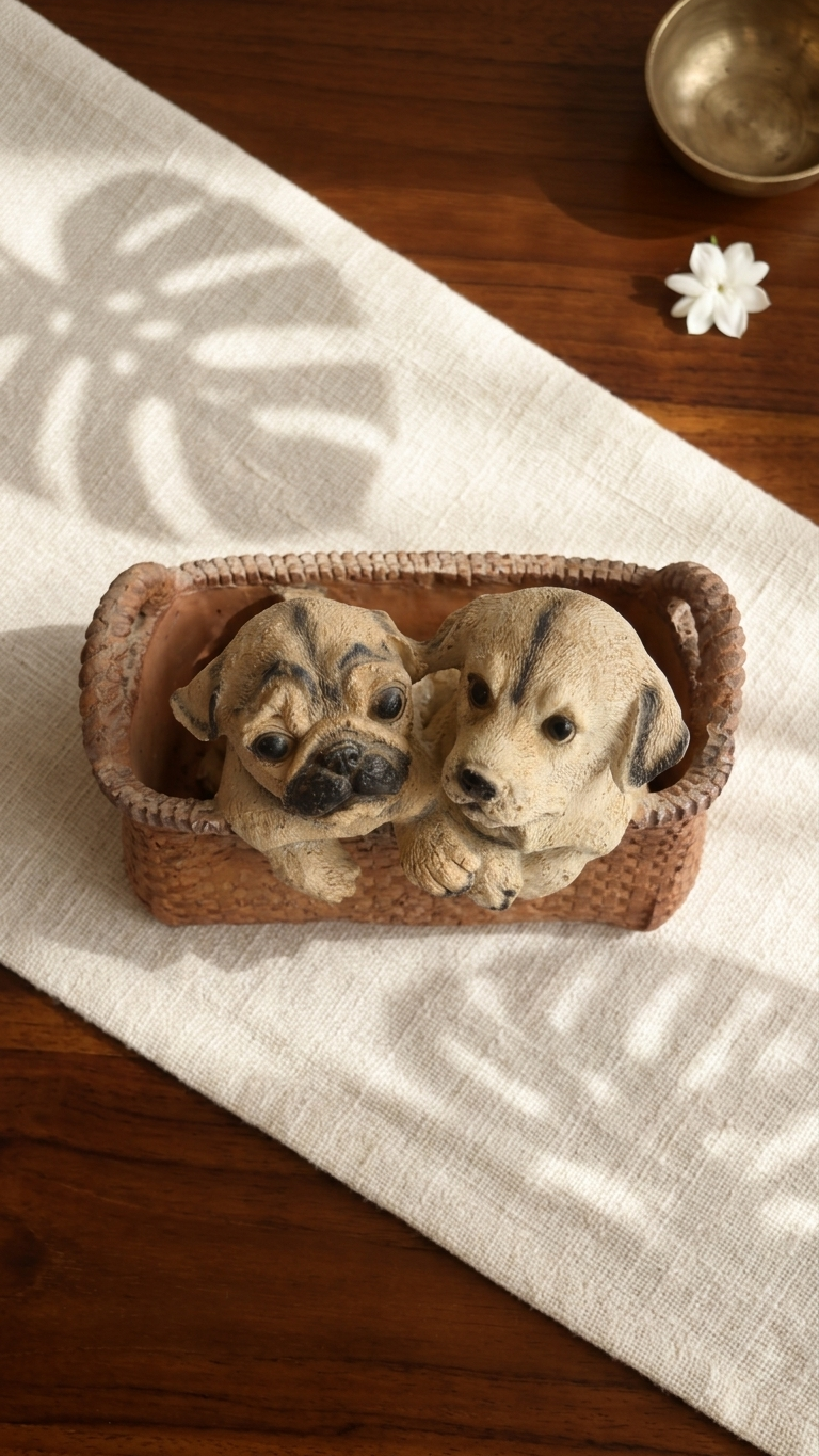 Cute dog figurine with basket for home decor India-Home Decor &Gifting