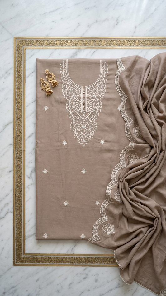 Taupe Embroidered Designer Suit Set with Dupatta – Elegant Ethnic Wear